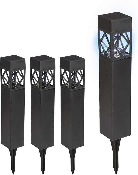 Set de lampes de jardin solaires Relaxdays - éclairage de jardin - lampe solaire noire - éclairage d'allée LED - Pack de 4