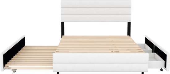 Merax Lit double 140 x 200 - Cadre de lit avec 2 tiroirs et lit gigogne supplémentaire 90 x 190 - Wit