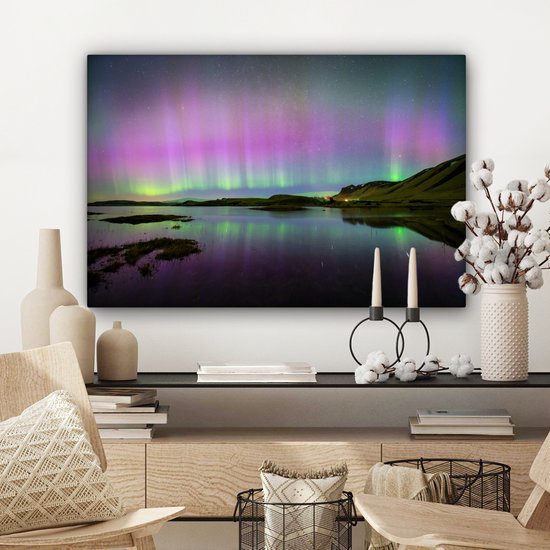Canvas Schilderij Noorderlicht - IJsland - Paars - 90x60 cm - Wanddecoratie