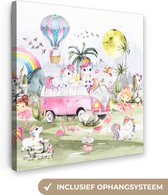 Canvas - Kinderkamer - Unicorn - Eenhoorn - Roze - Auto - Ballon - Canvas schilderij - Canvasdoek - 90x90 cm