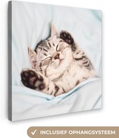 Canvas Schilderij Kitten - Grappig - Bed - Kinderen - Jongens - Meisjes - Kids - 50x50 cm - Wanddecoratie