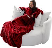 Fluffy tv-deken met mouwen in kasjmiergevoel - voetenzak en 2 zakken - knuffeldeken sprei 150 x 180 cm rood