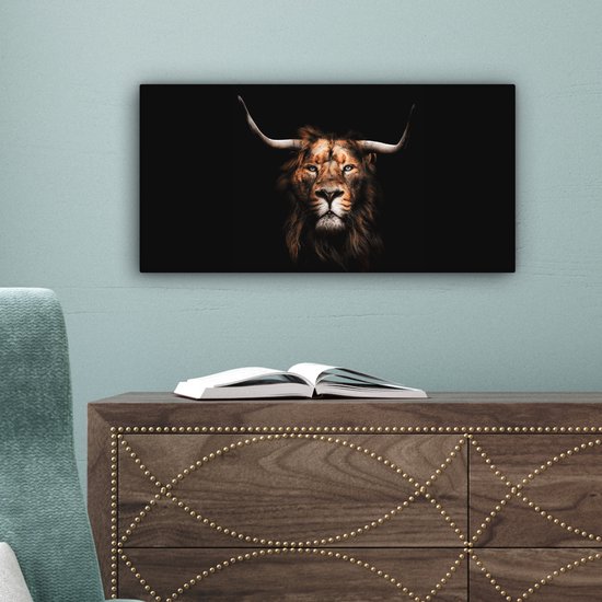 Leeuw - Hoorn - Schotse hooglander - Canvas - 40x20 cm - Wanddecoratie