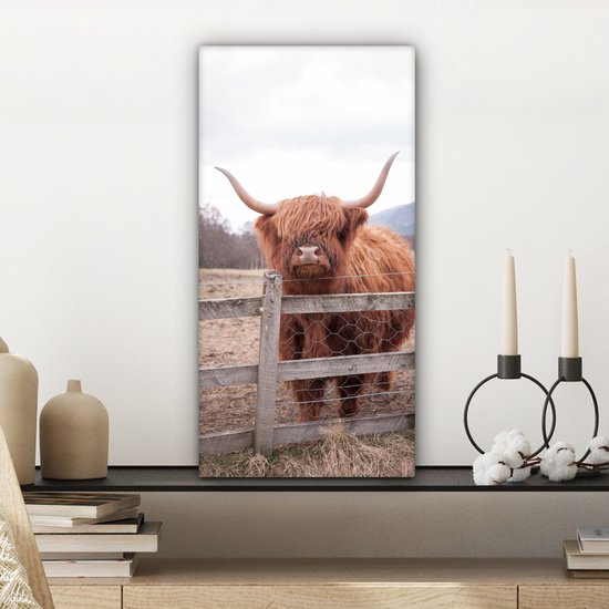 Tableau sur Toile Scottish Highlander - Herbe - Clôture - 20x40 cm - Décoration murale