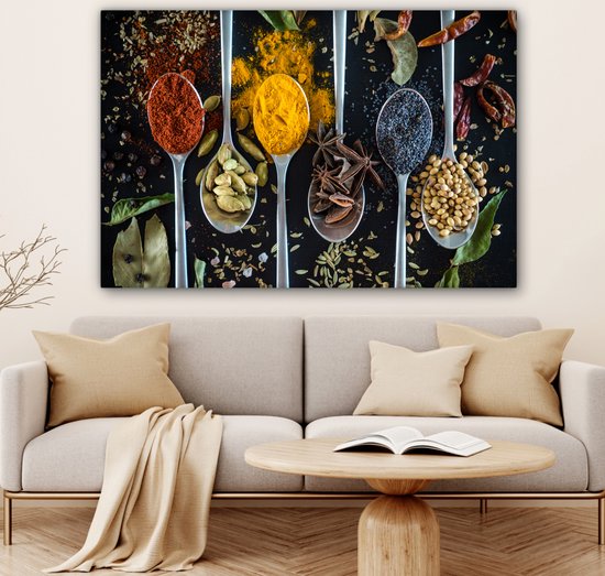 Tableau sur toile Herbes - Cuillère - Épices - Zwart - Cuisine - 140x90 cm - Décoration murale