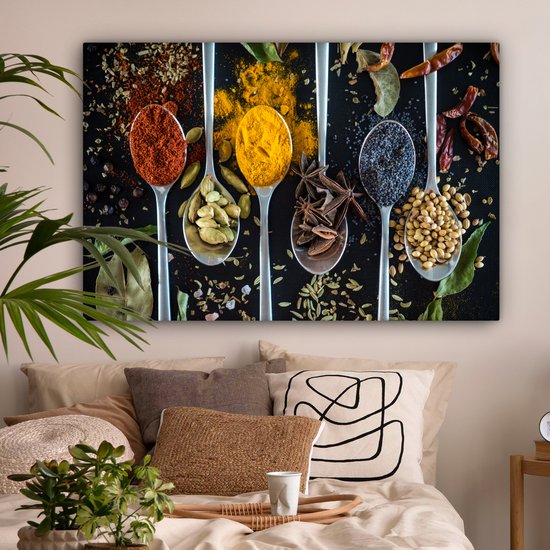 Tableau sur toile Herbes - Cuillère - Épices - Zwart - Cuisine - 140x90 cm - Décoration murale