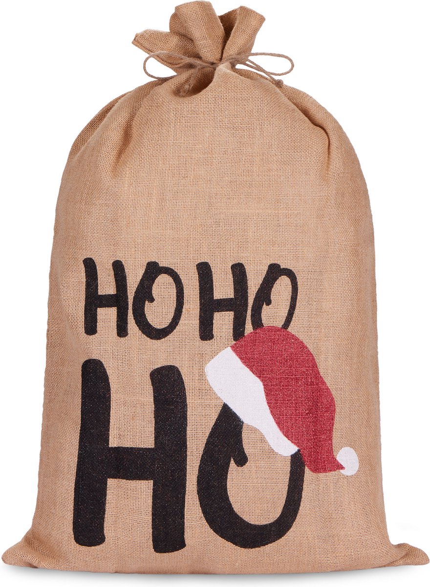 BRUBAKER Kerstzak Ho Ho Ho - 80 cm Cadeauzak Kerstmis - Kerstman Jute Zak met Koord voor het Inpakken van Cadeaus - Jute Zak