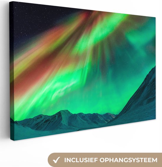 Canvas schilderij 150x100 cm - Wanddecoratie Noorderlicht - Alaska - Oranje - Groen - Muurdecoratie woonkamer - Slaapkamer decoratie - Kamer accessoires - Schilderijen