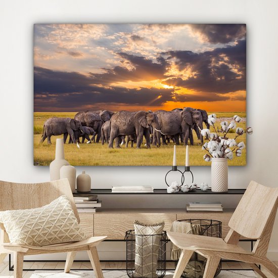 Troupeau d'éléphants au bord d'un lac toile 2cm 140x90 cm - Tirage photo sur toile peinture (Décoration murale salon / chambre) / animaux sauvages Peintures sur toile