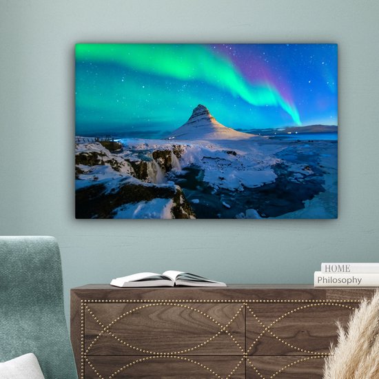 Aurores boréales au-dessus de la montagne Kirkjufell en Islande toile 2cm 90x60 cm - Tirage photo sur toile (Décoration murale salon / chambre) / Phénomènes naturels Peintures sur toile