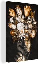 Canvas schilderij 120x180 cm - Wanddecoratie Vrouw - Bloemen - Goud - Muurdecoratie woonkamer - Slaapkamer decoratie - Kamer accessoires - Schilderijen