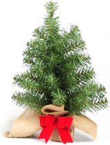 Forest Table Tree kunst (tafel)kerstboom - 30 cm - groen - Ø 25 cm - 38 tips - met rode strik - jute zak