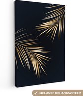 Gouden schilderij - Bladeren - Zwart - Goud - Tropische planten - 60x90 cm - Wanddecoratie