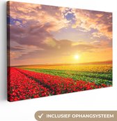 Canvas Schilderij Tulpenveld met zonsondergang - 60x40 cm - Wanddecoratie