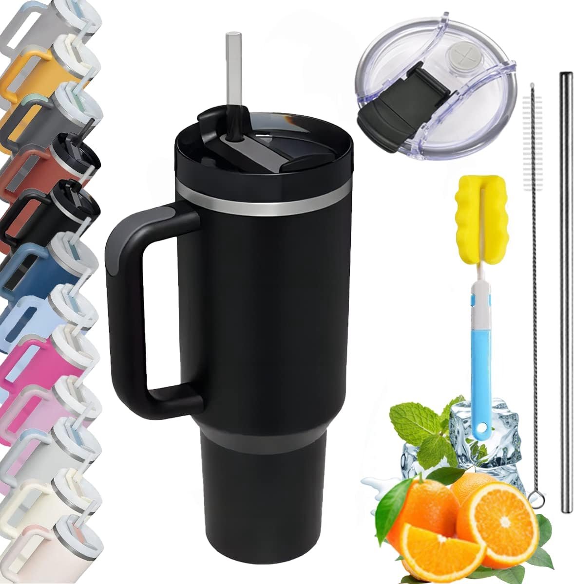Thermosbeker met rietje en handvat, drinkbeker, koffiebeker to go, met spatbestendig deksel en buisborstel, roestvrij staal, vacuüm geïsoleerde
