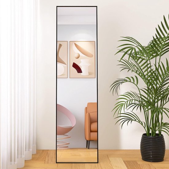 Miroir complet avec cadre en métal noir, miroir sur pied, 140 x 40 cm, grand miroir pour chambre, salon, couloir et armoire, rectangulaire