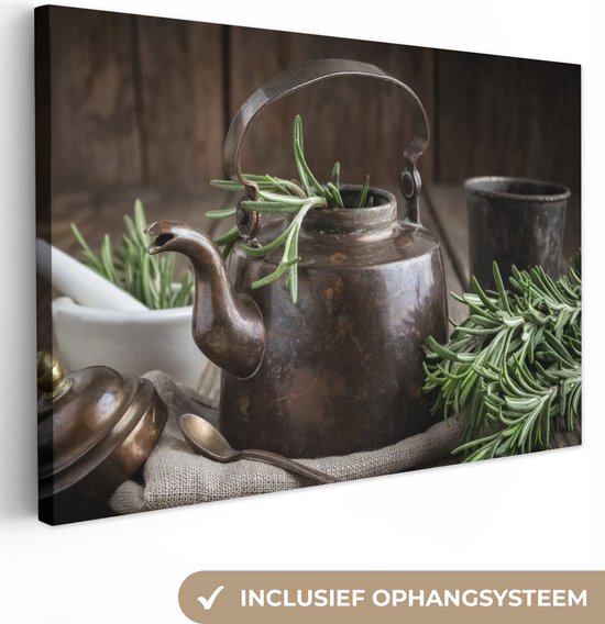 Canvas Schilderij Thee - Theepot - Kruiden - 30x20 cm - Wanddecoratie