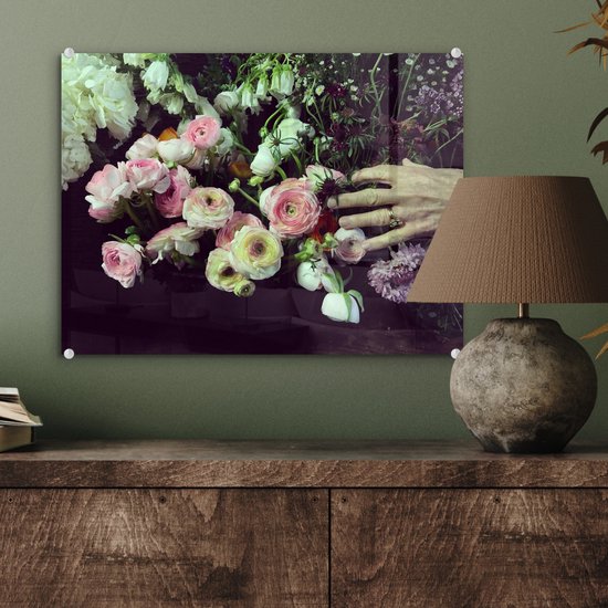 MuchoWow® Peinture sur verre 40x30 cm - Peinture sur verre acrylique - Les fleurs aux couleurs pastel sur fond noir - Photo sur verre - Peintures