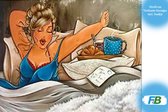F4B Dikke Dames Ontbijt op Bed 30x40 cm | Vierkante Steentjes | Bed | Mollige Dames | Toilet | Diamond Painting Pakket Volwassenen | Volledig dekkend