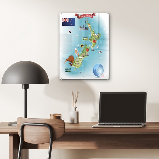la carte de la Nouvelle-Zélande en plexiglas style cartoon 30x40 cm - Tirage photo sur Glas (Décoration murale en plexiglas) / Mer et Plage