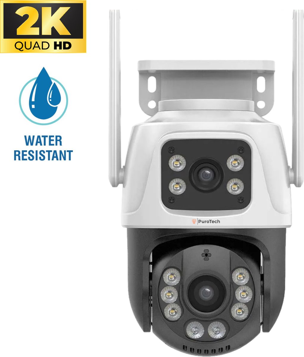 PuroTech Professionele Beveiligingscamera - ULTRA HD 6MP - Wifi Smart Waterproof IP66 - Draaibaar en kantelbaar - Voor Binnen & Buiten - 2K Beeldkwaliteit - Dome IP Camera - Nachtzicht - Draadloos Internet - Met Recorder