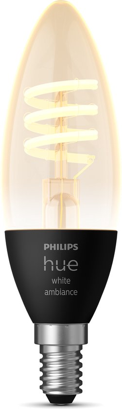 Philips Hue E14 kaarslamp met zwarte fitting en spiraalvormige gloeidraad. Amberkleurig glas.