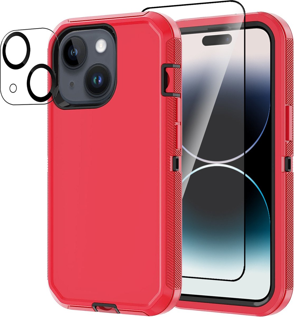 Stravo Heavy Duty iPhone 15 case met Screen Protector en Lens Protector - Rood - Dustproof shockproof telefoonhoes cover bestaande uit 3 lagen inclusief schermbeschermer en lensbeschermer - Geschikt voor Apple iPhone 15