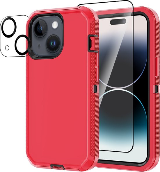 Stravo Heavy Duty iPhone 15 case met Screen Protector en Lens Protector - Rood - Dustproof shockproof telefoonhoes cover bestaande uit 3 lagen inclusief schermbeschermer en lensbeschermer - Geschikt voor Apple iPhone 15