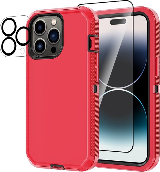 Stravo Heavy Duty iPhone 15 Pro case met Screen Protector en Lens Protector - Rood - Dustproof shockproof telefoonhoes cover bestaande uit 3 lagen inclusief schermbeschermer en lensbeschermer - Geschikt voor Apple iPhone 15 Pro