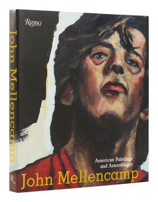 Boek "John Mellencamp" met een schilderij van zijn gezicht, blauwe ogen, rode shirt en "John Mellencamp American Paintings and Assemblages" tekst.