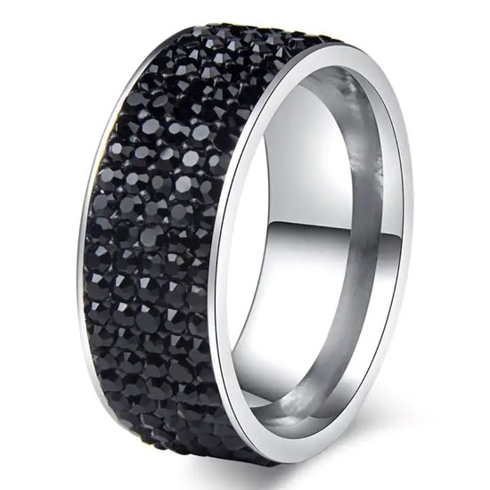 Walletstreet Black Diamond Roller Ring- edelstaal- rvs-kleur- Zilver met zwarte stenen voor mannen en vrouwen-Kerstcadeau-Ideale geschenk