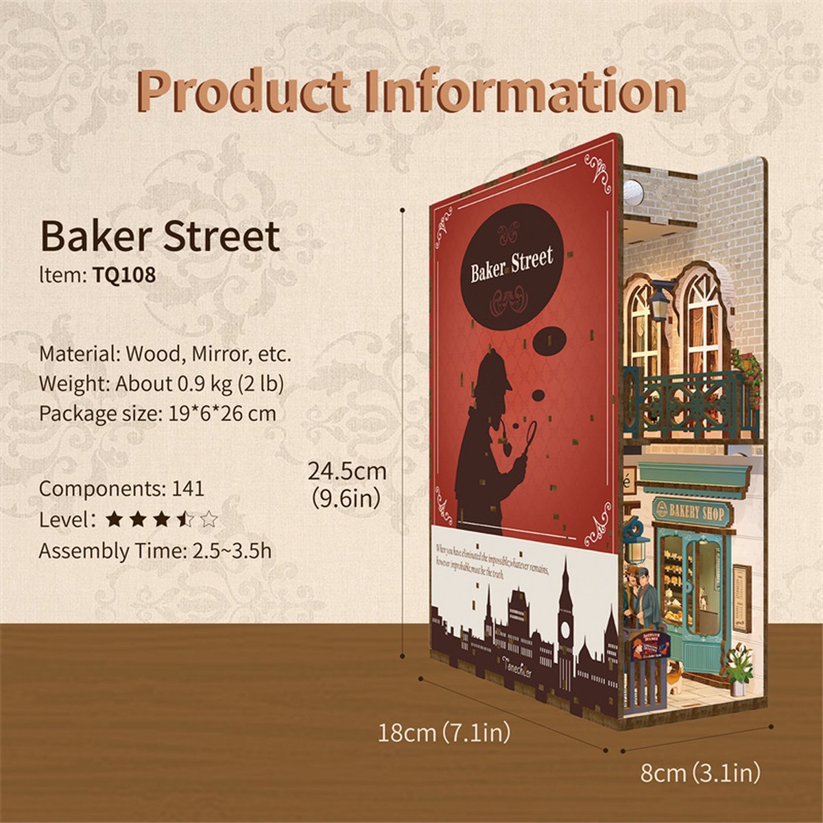 Tonecheer Baker Street Book Nook Bouwpakket - Modelbouw - 18,2 x 8 x 24,5 cm - Houten 3D Puzzel - Boekensteun - LED-licht - Bewegingssensor Licht - Boekenhouder — afbeelding 7