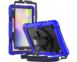 Hoes met ingebouwde Screenprotector Geschikt voor Samsung Galaxy Tab S6 Lite | Inclusief 360° Draaibare Handriem en Schouderriem | Extreme bescherming | Ideaal voor zakelijk gebruik | Blauw