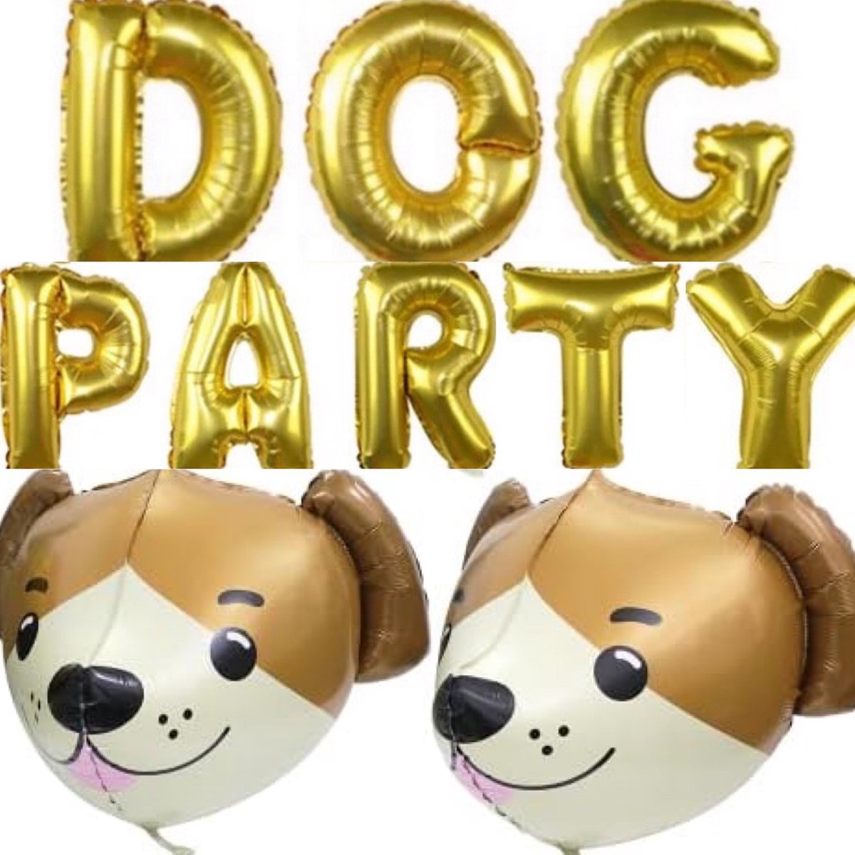 Folie ballon letter set Dog Party goud en 2 Cute Animal Face folie ballonnen - hond - ballon - honden verjaardag - dog party - 4thePerfectParty