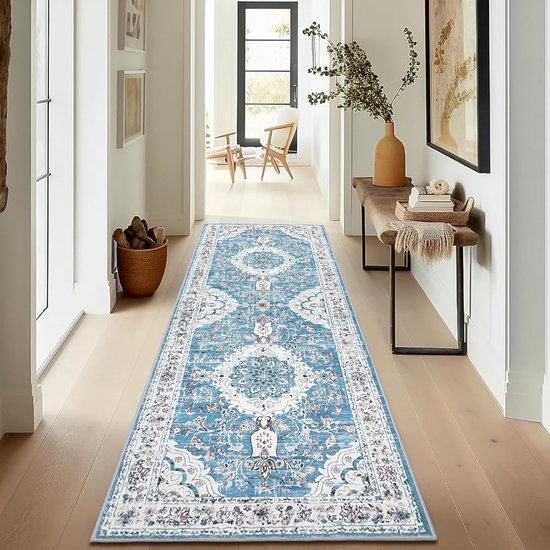 Tapis Couloir Long Lavable Bleu Foncé 60 X 180 Cm - Antidérapant Pour Entrée, Chambre Et Salon