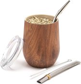 Set moderne Yerba Mate Gourd (Mate Cup) - L'acier inoxydable 18/8 à double paroi contient deux bombillas et une brosse de nettoyage (bois, 355 ml)