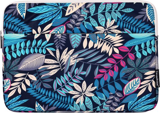 Housse d'ordinateur portable avec motif de feuilles bleu foncé dans des tons bleus, blancs et roses.