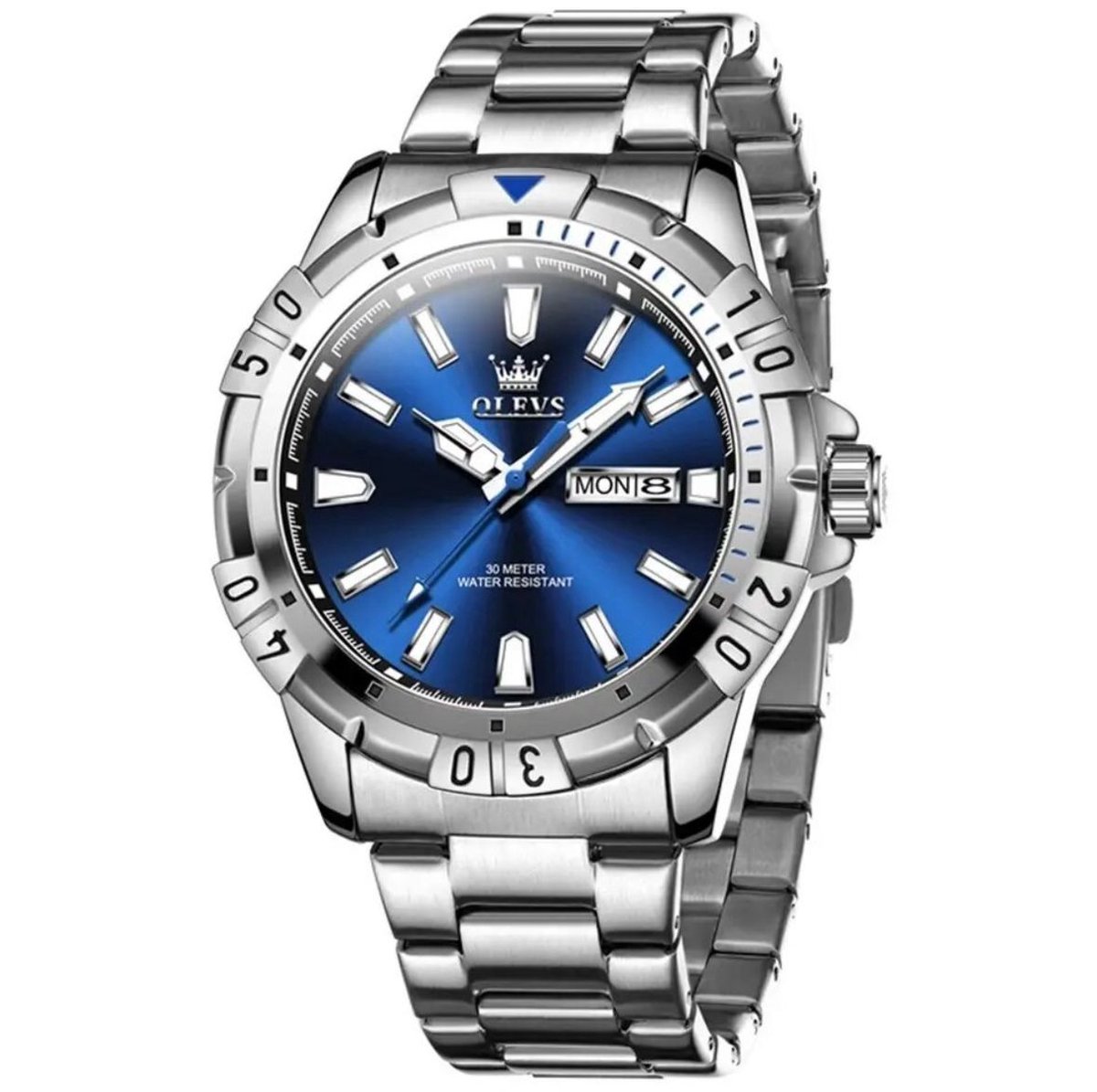 Olevs - HerenHorloge - Polshorloge - Heren - Cadeau - Horloge - Geschenkdoos - Mannen - Blauw en Zilver -