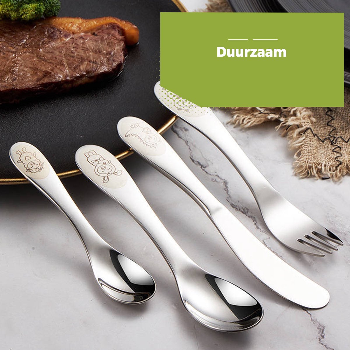 HI NATURE Kinderbestek 4-delig – RVS - Afbeelding 4