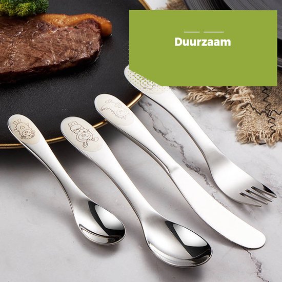 HI NATURE™ Kinderbestek set - Kinder Bestek 4 Delig - Kinderbestekset Zilver - baby bestek - Bestek kinderen - Bestek peuter - Bestekset RVS - Zilverwit Edelstaal 18/10