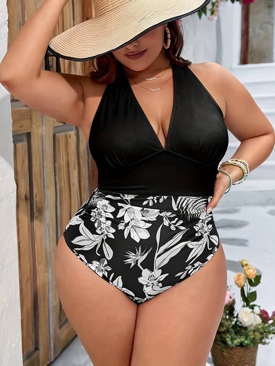 Plus Size Sexy Badpak- Dames kleurblok Bloemenprint Diepe V-hals Halter Badpak- Zwempak Bikini Tank Strandkleding D15-16- Zwart- Maat XXL