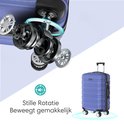 Illustratie van de 360 graden draaiende wielen van de blauwe Voyageux reiskoffer, met de tekst 'Stille Rotatie Beweegt gemakkelijk'.