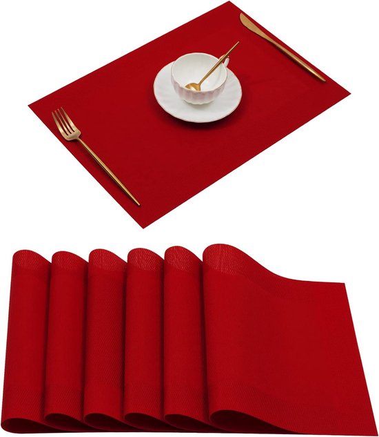 Placemat , Crossweave Geweven Vinyl Antislip Isolatie Placemat Wasbare Tafelmatten (6 stks placemats, Rood)