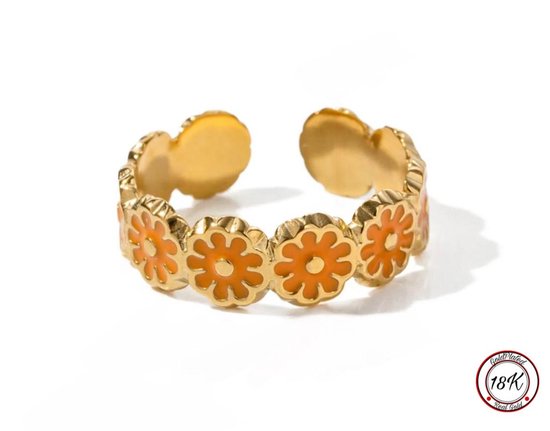 Soraro Orange Flower Ring | 18K Goldplated | Goud | Oranje | Dames Ring | Bloem | Klemring | Vrouwen Cadeau | Moederdag | Moederdag cadeau