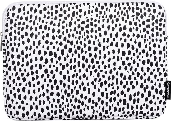 Laptophoes met zwart-witte panterprint en ritssluiting.