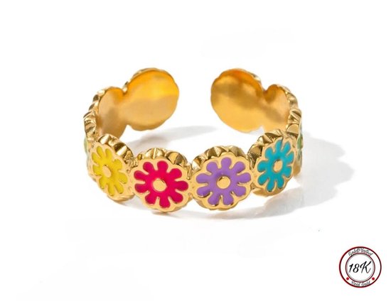 Soraro Rainbow Flower Ring | 18K Goldplated | Goudkleurig | Regenboog | Dames Ring | Bloem | Klemring | Vrouwen Cadeau | Moederdag | Moederdag cadeau