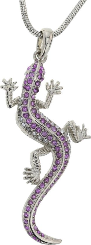 Behave Korte ketting dames zilver kleur met salamander met paars lilla steentjes