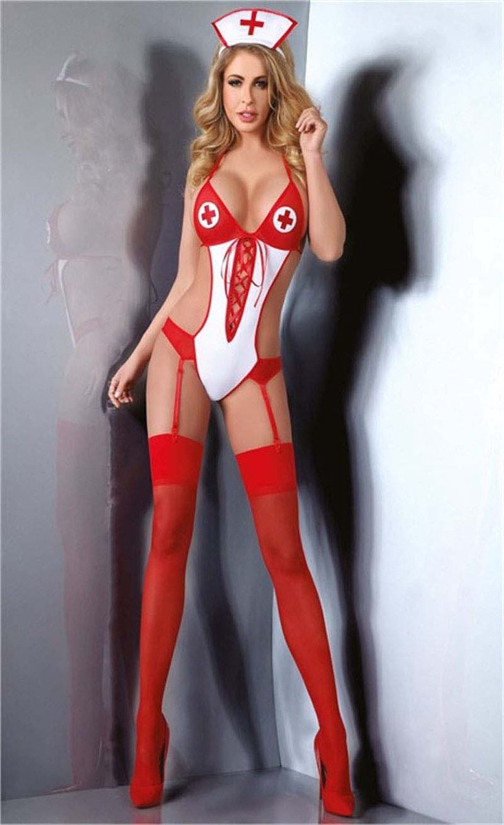 AMARANTA-3delige Sexy Nurse Costume with Garters-Verpleegsterskostuum- maat S/M