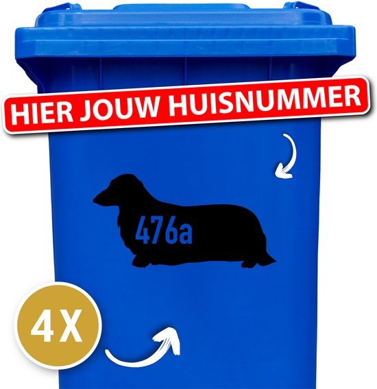 Container sticker - klikostickers - kliko sticker voordeelset - 4 stuks - Langharige teckel - container sticker huisnummer - zwart - vuilnisbak stickers - container sticker hond