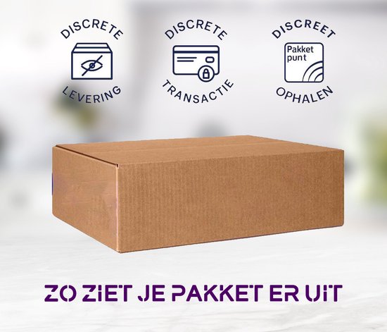 Bruine kartonnen verzenddoos met iconen voor discrete levering, transactie en ophaling.